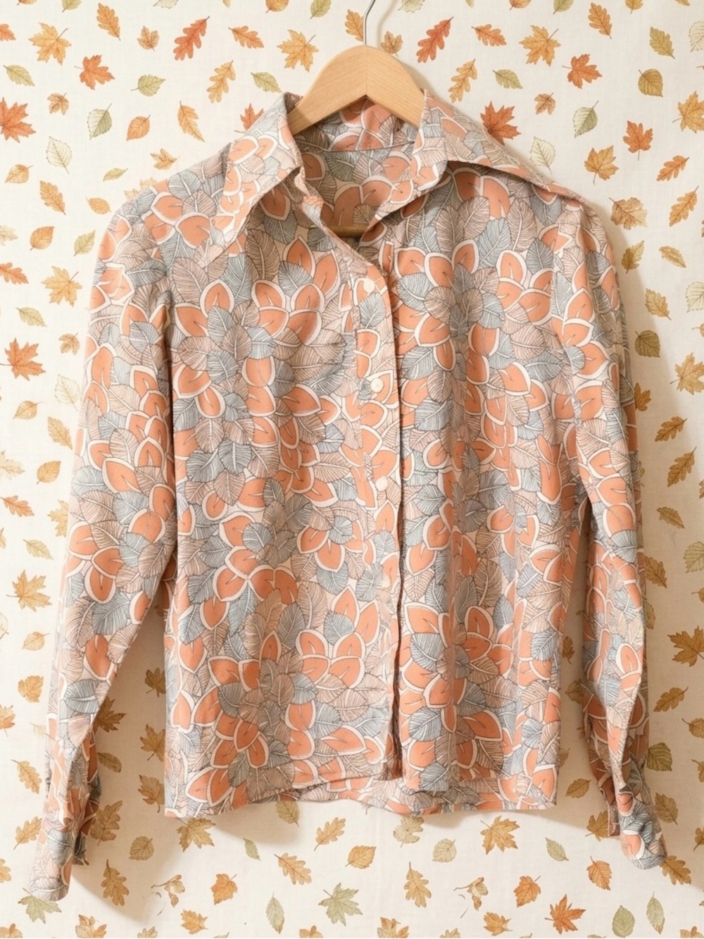 Vintage 70s Leaf Print Button Up  Top